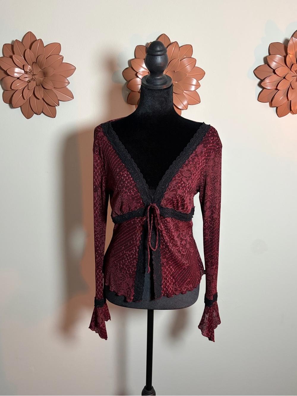 Wet Seal Whimsigoth Burgundy Lace-Trim Wrap Cardigan